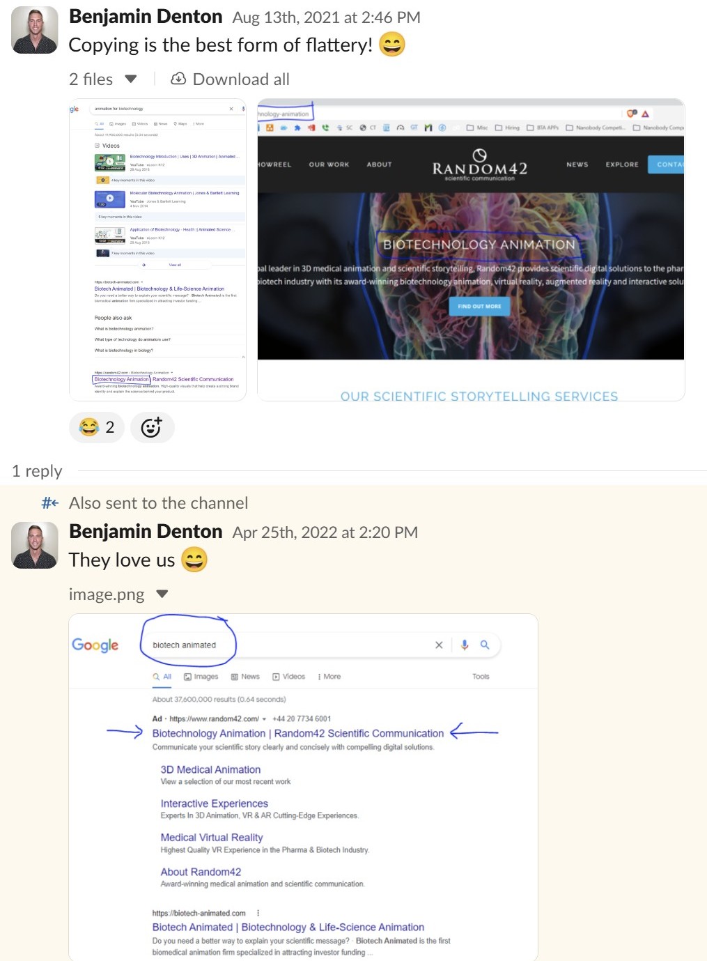Intelligence data showing competitor analysis with Google search results and testimonials demonstrating data-driven market positioning